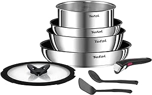 Tefal Ingenio Batterie de cuisine 8 pièces, Poêles, Casseroles, Poignée amovible, Induction, Acier inoxydable, Revêtement antiadhésif, Empilable, Compatible lave-vaisselle, Emotion L8979804