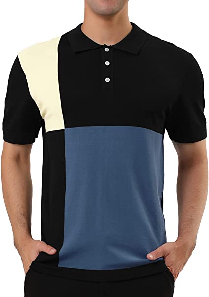 uxcell Men Color Block Patchwork Knitted Short Sleeves Striped Button Golf Polo Shirts