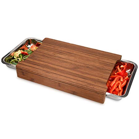 Navaris Chopping Board with Tray - Natural Bamboo Wooden Cutting Board with 2 Stainless Steel Pull Out Sliding Drawer Containers - 41 x 28 x 6.5 cm