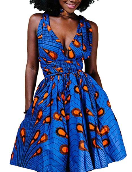 SELUXU Women Deep V Neck Dress African Floral Vintage Swing Wrap Dress Belt