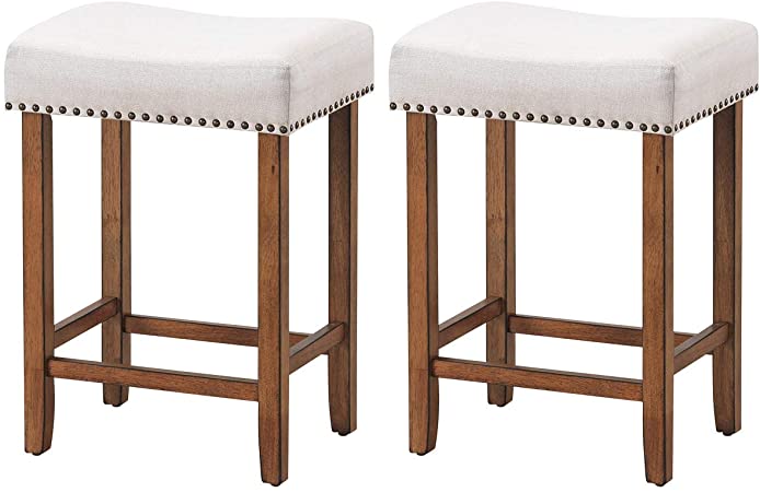 COSTWAY Set of 2 Saddle Stools, 24" H Backless Counter Stool, Brass Nailhead Studs, Upholstered Sponge Cushion & Solid Rubber Wooden Legs, Contemporary, Classical(24'', Beige)