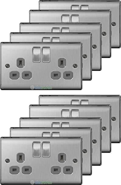 10 x BG Nexus NBS22G Twin Switch Sockets 13 Amp Double Pole Brushed Steel / Grey Inserts