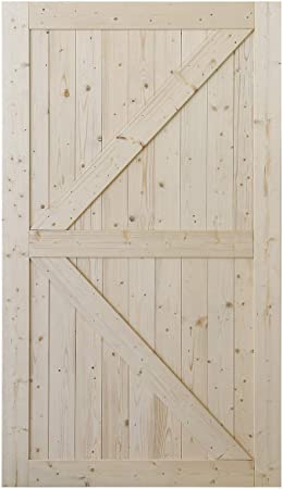 SmartStandard 48in x 84in Sliding Barn Wood Door Pre-Drilled Ready to Assemble, DIY Unfinished Solid Spruce Wood Panelled Slab, Interior Single Door Only, Natural, K-Frame (Fit 8FT Rail)