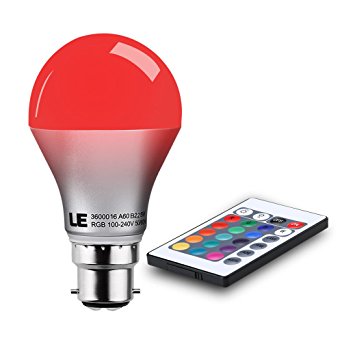 LE 5W A60 B22 Dimmable RGB LED Bulbs, 16 Colour Choices, Color Changing, Remote Controller Included, Mood Lighting, Bayonet Led Light Bulbs, 5 Years Warranty