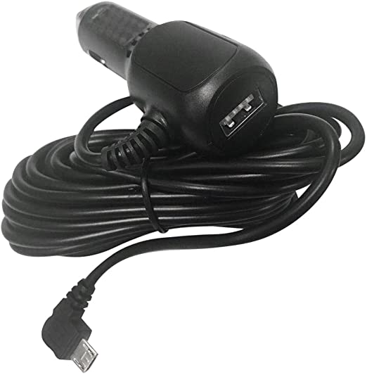 Car Charger with USB Port - Amacam CC9. Long Cable 3.5M Left Angle Micro USB Connector. Suitable For Car Cameras Sat Navs Tom Toms and Other Android Devices. Premium Power Supply Lead