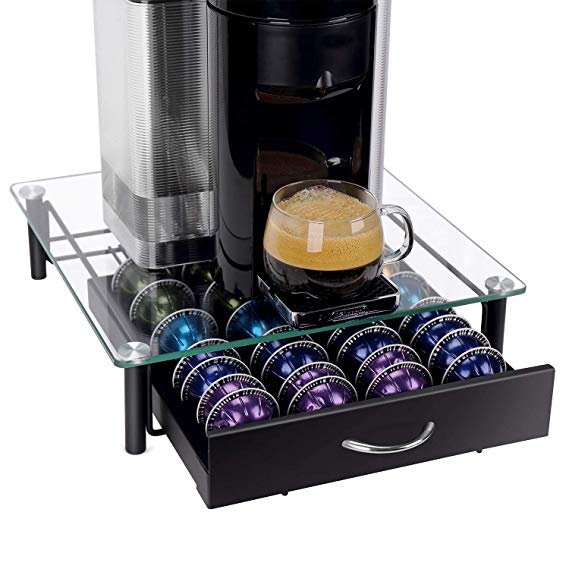 GEESTA Solid Iron Drawer and Tempered Glass Top Large-Capacity Nespresso Coffee Capsule Storage Drawer Holder, Fits Up to 40 Nespresso Pods