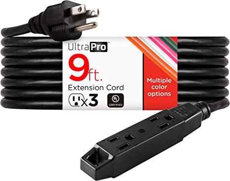 Ultra Pro 9 Ft Extension Cord, 3-Outlet Power Strip, Double Insulated, Grounded, Heavy Duty, 16 Gauge, General Purpose, Indoor/Outdoor Use, UL Listed, Black, 50772