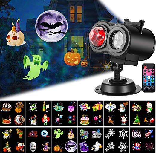 Christmas Projector Lights with Ocean Wave Outdoor Holiday Decorations,Halloween Led Projector Lights 2-in-1 Moving Patterns and Flowing Water Ripple,12 Slides Waterproof Xmas Snow Light Party Garden