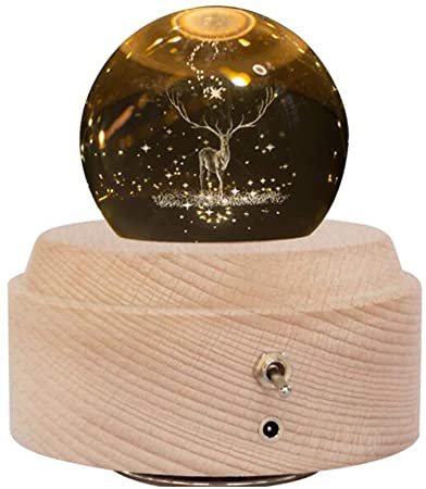 3D Crystal Ball Music Box Luminous Rotating Musical Box with Projection LED Light and Wood Base Best Gift for Birthday Christmas Valentine's Day Home Decor Wooden Music Box (Elk)