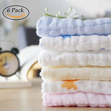 NANPIPER Muslin Baby Towels Set 6 Pack 12x12 inches 100% Cotton Baby Bath Towels for Girls Boys Extra Soft Baby Washcloths with Hook