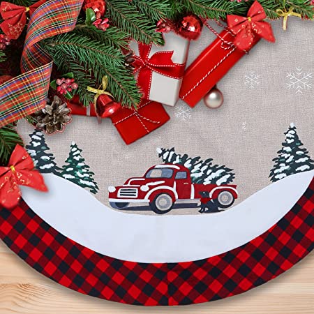 Rustic Christmas Tree Skirt for Xmas Decorations,Farmhouse Burlap Xmas Tree Skirts with Buffalo Plaid Border Embroidered (Red Truck, 48 Inches)