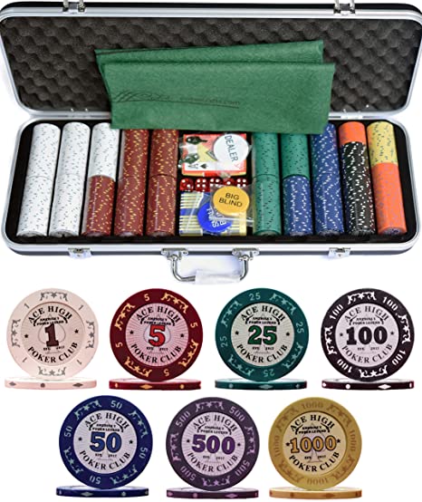 pokercraftstm 500 Piece Pro Poker Clay Poker Set - 2X Plastic Cards with Cutting Cards - Reinforced case - Free Poker Felt (Heavy Weight Clay Chips - 500 pcs, Model AK - Ace High Poker Club)