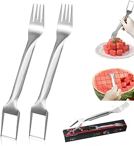 2-in-1 Stainless Steel Fruit Cutter,2024 New Watermelon Fork Slicer Cutter Slicer Tool,Dual Head Fruit Forks Slicer Knife,Summer Watermelon Fruit Cutting Fork for Home Camping (2Pcs)