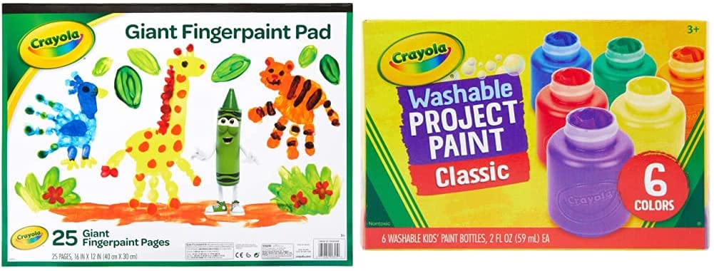 Crayola Giant Fingerpaint Paper, 25 Pages, 16" x 12" (99-3405) , White & Crayola Washable Kids Paint, 6 Count, Kids At Home Activities, Painting Supplies, Gift, Assorted