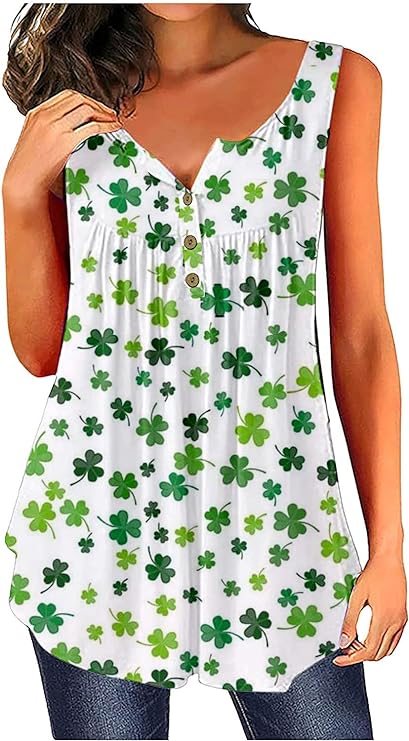 Roshop St Patrick's Day Women's Lucky Shamrocks Four Leaf Clover Printed Button Collar Sleeveless Pleated Tunic Tops