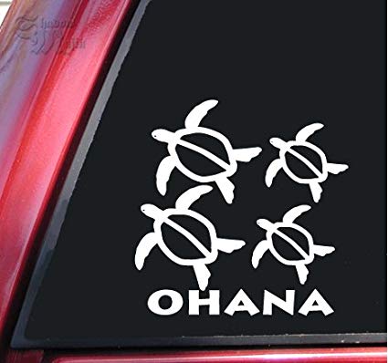 Ohana Honu Hawaiian Sea Turtle Family With 2 Babies Vinyl Decal Sticker (6" X 6", White)