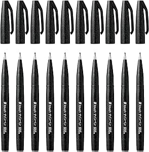 Pentel SES15C Brush Sign Pen pennarello punta fibra flessibile, nero, 10 pezzi