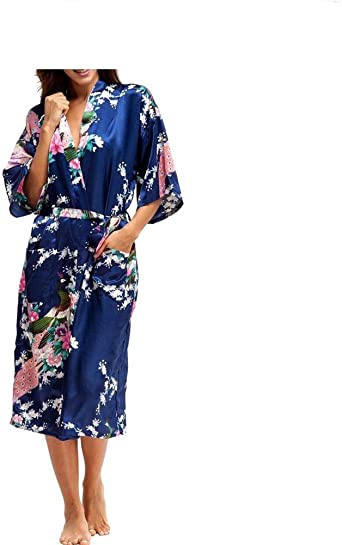 Women's Robes Peacock and Blossoms Kimono Satin Nightwear Long Style UK Stock