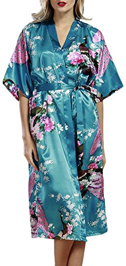 FLYCHEN Women's satin kimono robe sleepwear for ladies plus size