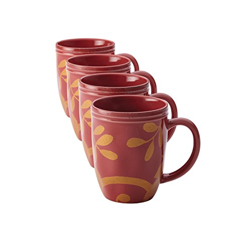 Rachael Ray Dinnerware Gold Scroll 4-Piece Mug Set, Cranberry Red