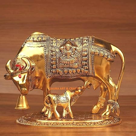 GAC Art & Crafts Metal Handmade Cow with Calf Holy Spiritual Showpiece for Vastu, Home Decoration (19x14x18cm, Golden)