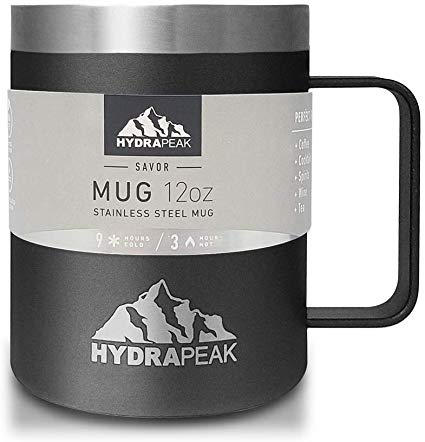 Hydrapeak 12oz Stainless Steel Double Vacuum-Insulated Coffee Mug, Reusable Travel Cup with Integrated Handle and Press In Lid (Black)