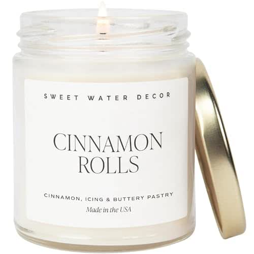 Sweet Water Decor Cinnamon Roll Candle - Fall Candle with Cinnamon, Icing and Cinnamon Buttery Pastry for Home - Cinnamon Soy Candle with 40 Hours Burn Time - 9Oz Gold Lid Clear Jar Cinnamon Scents