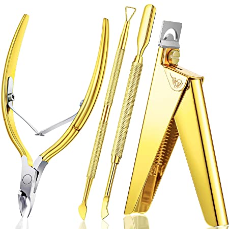 4 in 1 Acrylic Nail Clipper False Nail Tips Clipper Cuticle Trimmer Nipper with Cuticle Pusher Cuticle Remover, Stainless Steel Nail Manicure Set for Salon Home Nail Art Manicure Tool (Golden)