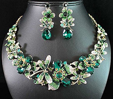 Janefashions Dragonfly Austrian Rhinestone Crystal Necklace Earrings Set Bridal N1780g Green/Gold