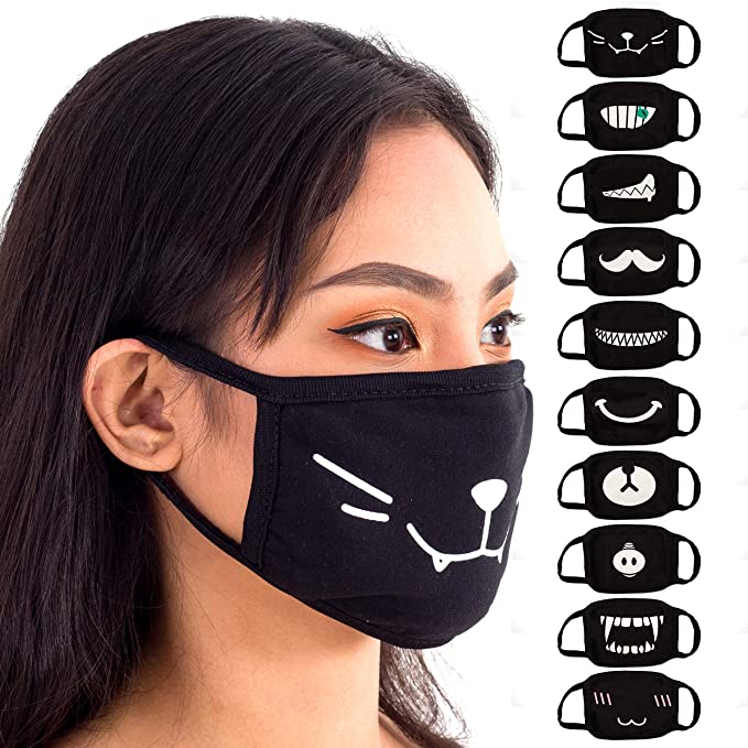 Face Mouth Mask - Cotton Face Covering (10 Pack) - Black Anime Designs