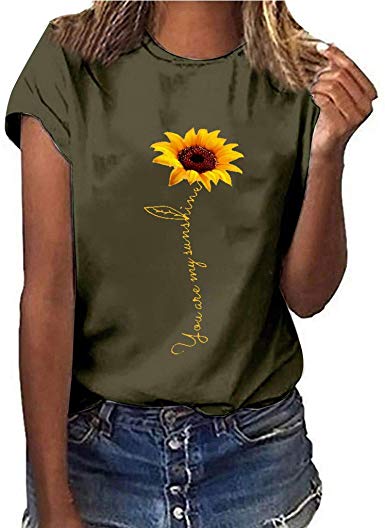 Panpany Sales Women Summer Tops Sunflower Print Short Sleeved T-Shirt Plus Size Cotton Loose Blouse Casual Solid Color Vest Tunic Tops