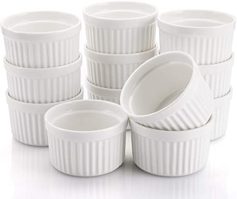 Foraineam Set of 12 Porcelain Ramekins Bakeware, 4 Ounce White Souffle Dishes Dessert Custard Baking Cups for Baking, Cooking, Serving