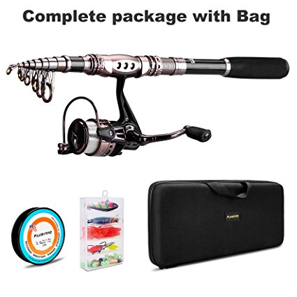 PLUSINNO Spinning Rod and Reel Combos FULL KIT Telescopic Fishing Rod Pole with Reel Line Lures Hooks Fishing Carrier Bag Case and Accessories Fishing Gear Organizer