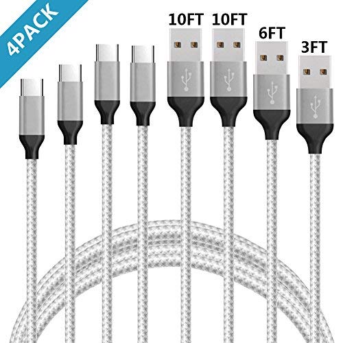 USB Type C Cable,4 Pack 3/6/10/10FT USB-C to USB A Nylon Braided Long Cord Charger Cable Compatible Samsung S10 S9 Plus S9 S8 Plus S8 Note 10 9 8,Moto Z,LG V30 V20 G5 and More