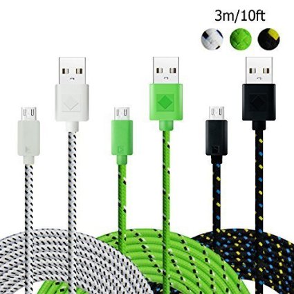 Micro USB Cable Boxeroo Nylon Braided 3-Pack 10ft 3m Sync and Charging Cable A Male to Micro B for Samsung HTCLG HP Blackberry Most Android Phones and MoreBlack White Bright Green