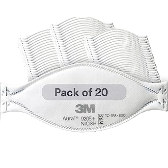 3M Aura Particulate Respirator 9205 , N95, Pack of 20 Disposable Respirators, Individually Wrapped, 3 Panel Flat Fold Design Allows for Facial Movements, Comfortable, NIOSH Approved