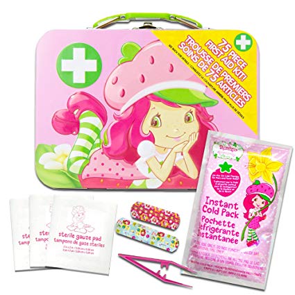 American Greetings Strawberry Shortcake Lunch Box Embossed Tin with Handle (Includes Bonus 75 Piece First Aid Kit for Girls Kids)