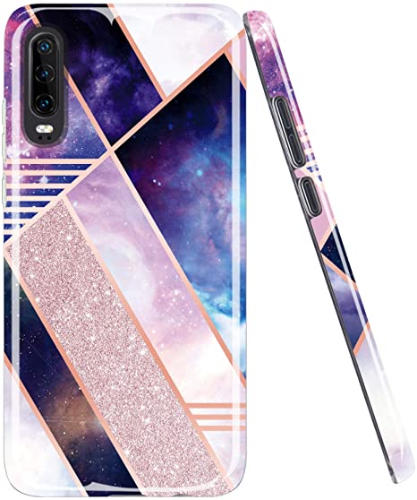 JAHOLAN Huawei P30 Case Rose Gold Glitter Sparkle Blue Galaxy Design Clear Bumper TPU Soft Rubber Silicone Phone Case Compatible with Huawei P30