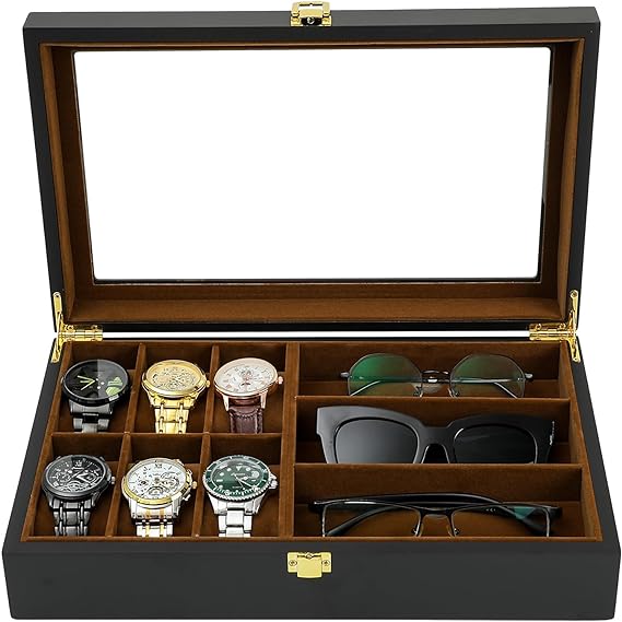 R.SHENGTE Watch Box,6 Watch 3 Slots Sunglasses Wooden Watch Organizer Box with Real Glass Top,Jewelry Storage Display Case for Men Father Husband Boy Friend