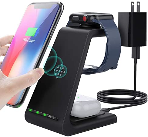 MoKo Wireless Charger Stand with Adapter, 3 in 1 10W Qi Fast Charging Dock Station Compatible with iPhone 12/12 Pro/12 Mini/SE/11/Airpods 2/Pro/Apple Watch Series SE/6/5/4/3/2 (Not fit Galaxy Watch)