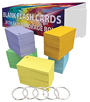 DEBRADALE DESIGNS Small Blank Study Flash Cards - Single Hole Punched - 5 Rings - Economy 67# Vellum Bristol - 3.5" x 2" - 5 Colors - 1,100 Note Cards - Storage Organization Travel Box Attached Lid