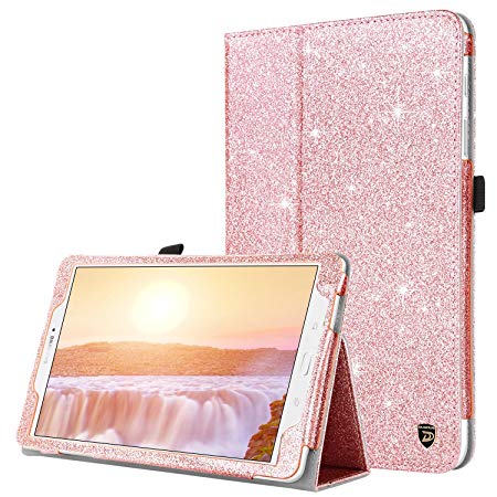 Samsung Galaxy Tab E 9.6 Case, DUEDUE Sparkly Glitter Slim Faux Leather Folio Stand Full Body Protective Cover Case for Galaxy Tab E Wi-Fi/Tab E Nook 9.6 Inch Tablet Verizon 4G LTE Version, Rose Gold