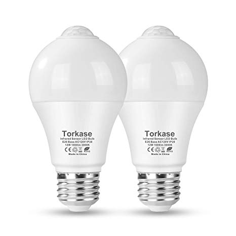 Torkase Motion Sensor LED Light Bulb, 12-Watt(100-Watt Equivalent), 3000-Kelvin Warm White, Automatic On/Off A19 Lighting Bulbs for Porch, Hallway, Front-Door, Garage, Basement, Stairs- 2PACK