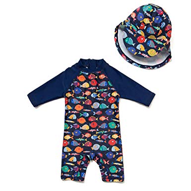 upandfast Baby/Toddler One Piece Zip Sunsuits with Sun Hat UPF 50  Sun Protection Infant Beach Swimsuit