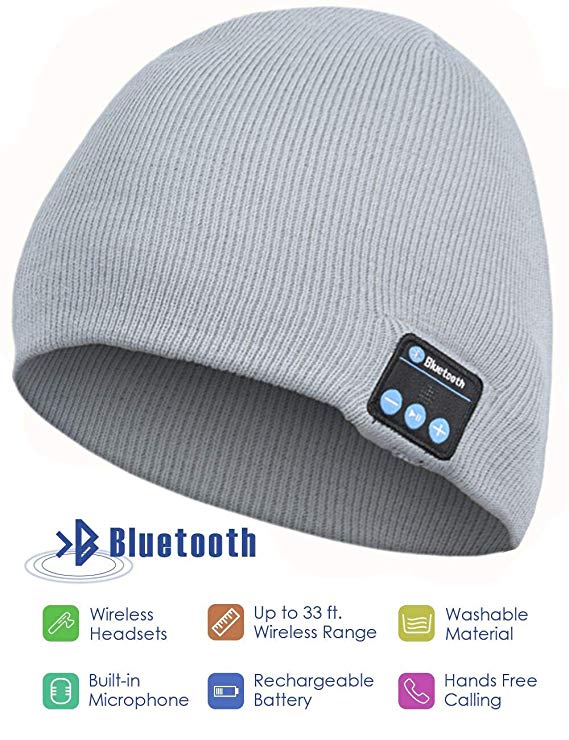 Bluetooth Beanie Hat, Wireless Headphone Beanie, Winter Knitting Beanie Cap Bluetooth Earphones, Built-in Microphone Hand-Free Calling, Gifts Both Women Men (Grey)
