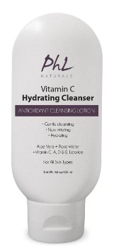 PHL Naturals Vitamin C Hydrating Facial Cleanser Antioxidant Lotion with Aloe Vera Rose Water and Licorice is Gentle and Fragrance-Free for All Skin Types (4 oz./120 ml)