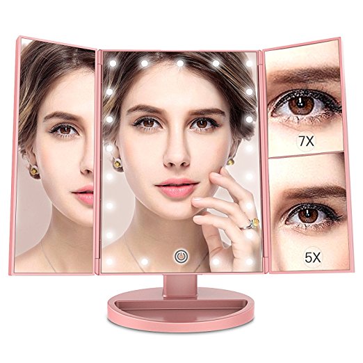 MayBeau Makeup Vanity Mirror with 7X/5X Magnification,Trifold Mirror with 21 LED lights,Touch Screen,180 Degree Adjustable Rotation,Dual Power Supply,Countertop Cosmetic Mirror