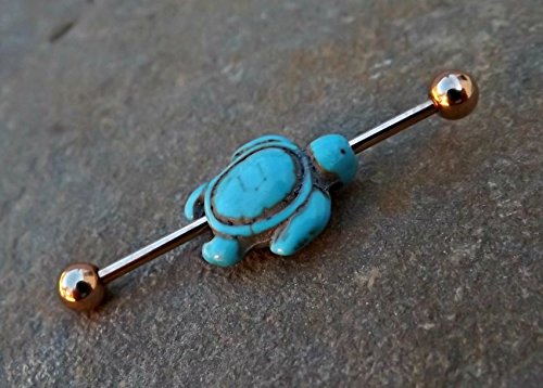 Turquoise Turtle Rose Gold Industrial Barbell 14ga Body Jewelry Ear Jewelry Double Piercing