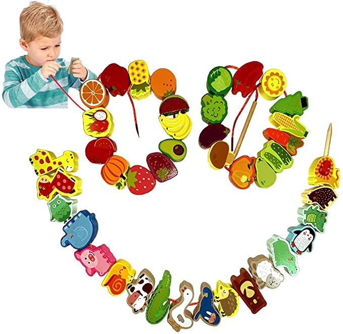 MUMUSAN Montessori Toys Wooden Lacing Beads, Animals Fruits Vegetables String Threading Toys, 46PCS Montessori Toddler Preschool Activities Lacing Gift for Toddlers 1 2 3 4 5 Year Old Boys Girls