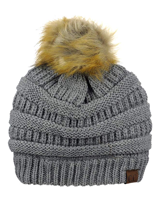 NYFASHION101 Exclusive Soft Stretch Cable Knit Faux Fur Pom Pom Beanie Hat